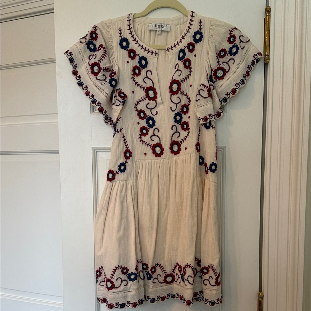 Sea New York Cream Dress with Red and Blue Embroidery